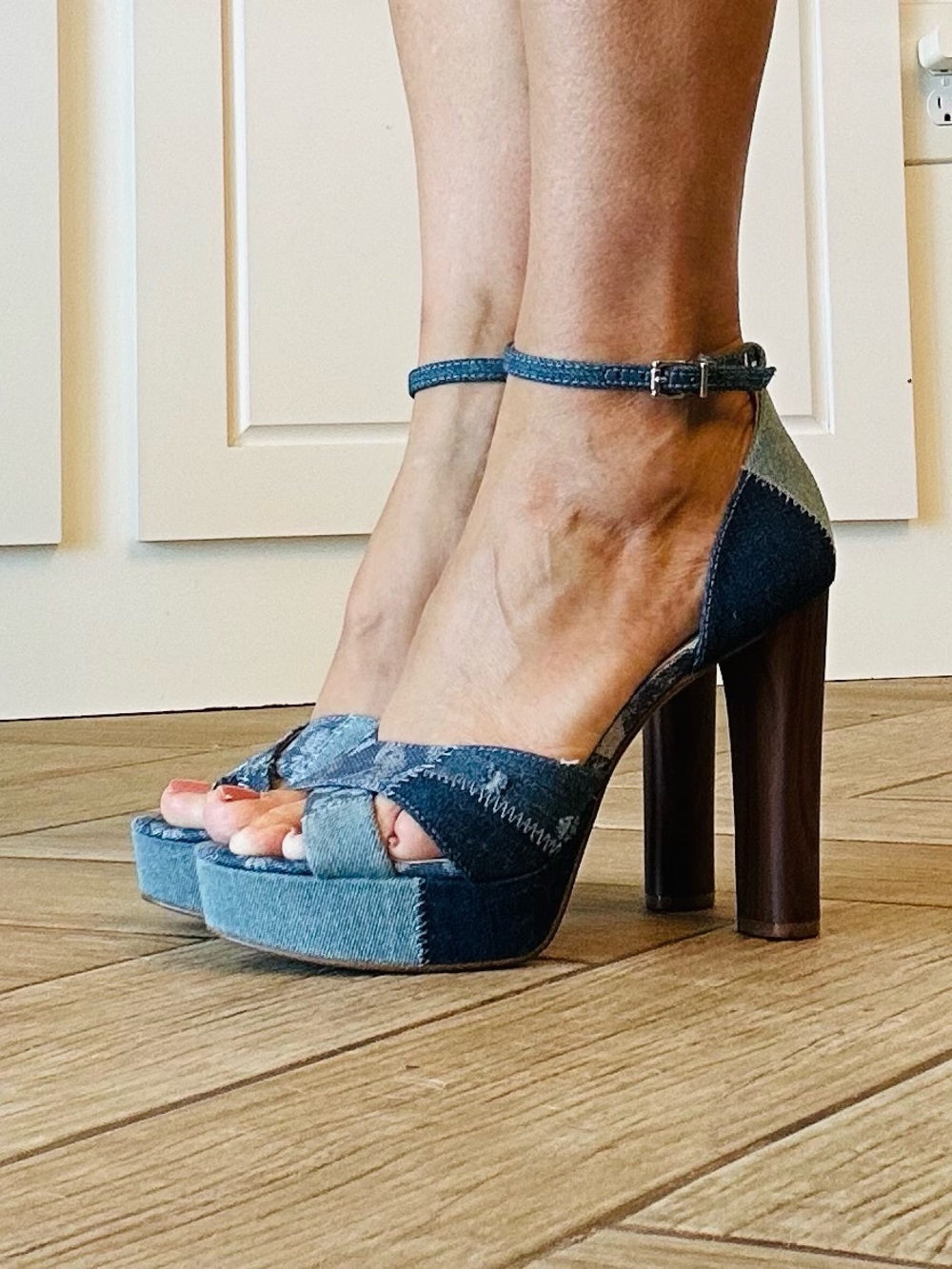 Jessica Simpson Blue Patchwork Denim Platform Heels - Picture 9 of 13